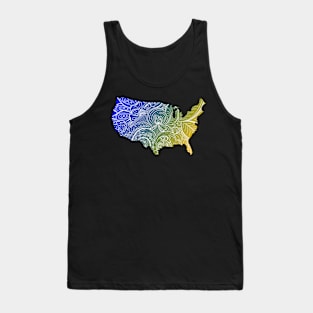 Colorful mandala art map of the United States of America in blue and yellow Tank Top